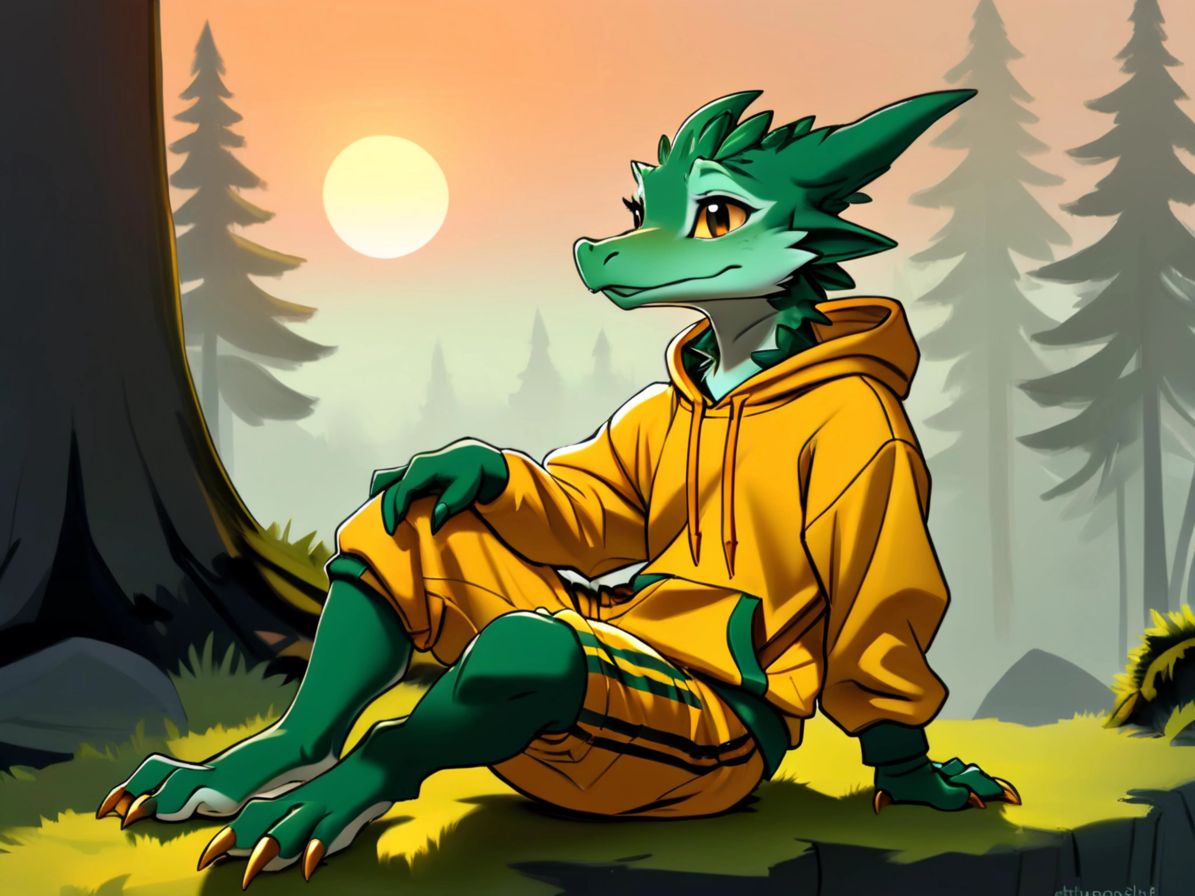 digital art, (anthropomorphic:1.1), (anthro:1.1) smooth moss-green (kobold:1.1), wearing a raw-umber tracksuit, in a taiga, relaxing, at sunset, foggy weather