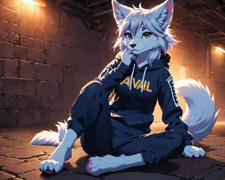 Cinematic anime artwork, full body, (fluffy anthro furry, Avali, solo, detailed face, remarkable eyes), thin, flat chest, tracksuit, sitting, good hands, digital painting, masterpiece, subsurface scattering, soft lighting, best quality, detailed, smooth lines, fantasy background