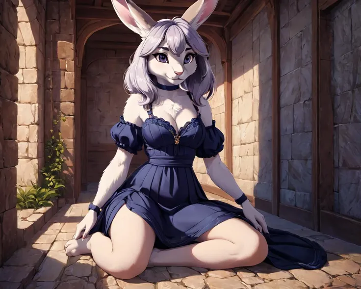 Cinematic anime artwork, full body, (fluffy anthro furry, Rabbit, solo, detailed face, remarkable eyes), skinny, small breasts, maxi dress, sitting, good hands, digital painting, masterpiece, subsurface scattering, soft lighting, best quality, detailed, smooth lines, fantasy background