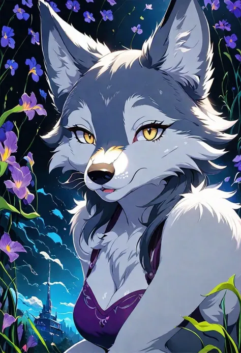 Stylized anime artwork, (A female wolf, remarkably iris, detailed face), digital painting, pallet knife, photoshop acrylic painting, anime studio, subsurface scattering, HDR, masterpiece, best quality, detailed, absurd res