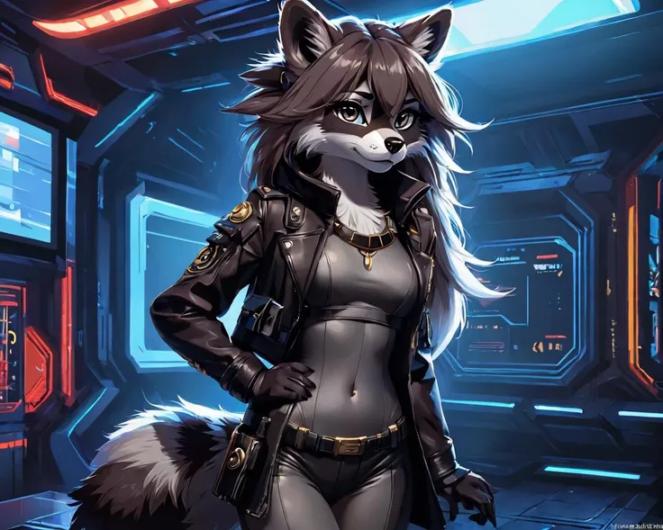 Cinematic anime artwork, full body, (fluffy anthro furry, Raccoon, solo, detailed face, remarkable eyes), lanky, small breasts, runway fashion, singing, good hands, digital painting, masterpiece, subsurface scattering, soft lighting, best quality, detailed, smooth lines, scifi background