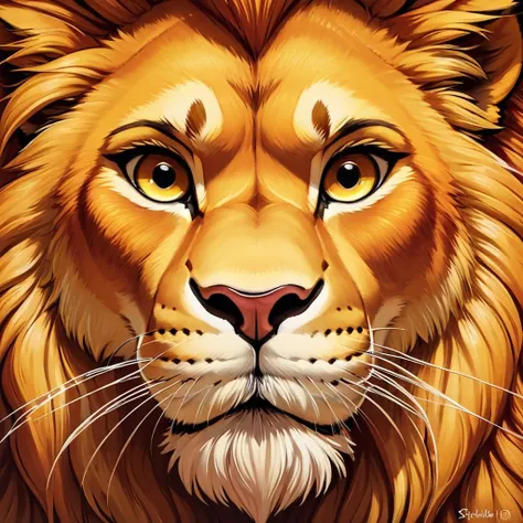 Stylized Anime artwork, Macro focal length, furry, Lion, fall, detailed face, detailed digital acrylic painting, color graded, studio ghibli, highly detailed