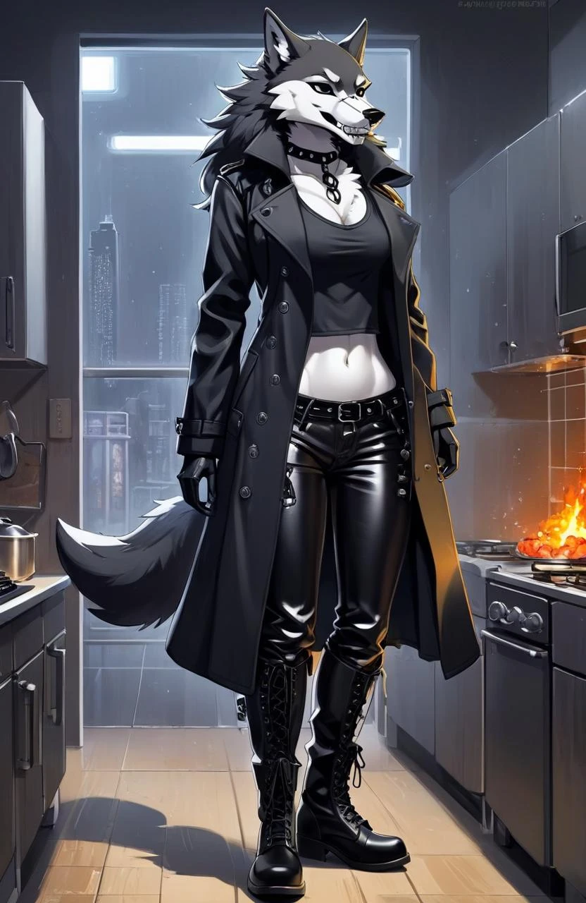 Stylized Anime artwork, 135mm+ focal length, furry, female, Wolf, male, kitchen, long black trench coat, skull-print t-shirt, leather pants, and lace-up boots, boots, detailed digital acrylic painting, color graded, studio ghibli, highly detailed