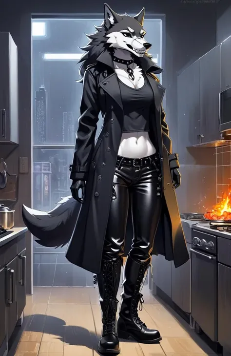 Stylized Anime artwork, 135mm+ focal length, furry, female, Wolf, male, kitchen, long black trench coat, skull-print t-shirt, leather pants, and lace-up boots, boots, detailed digital acrylic painting, color graded,  studio ghibli, highly detailed