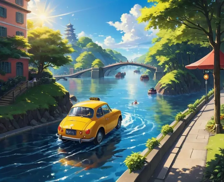 Stylized Anime artwork, a Avali, Vehicles passing smoothly, pedestrians crossing, sunlight glinting on the water below., detailed face, detailed digital acrylic painting, color graded,  studio ghibli, highly detailed