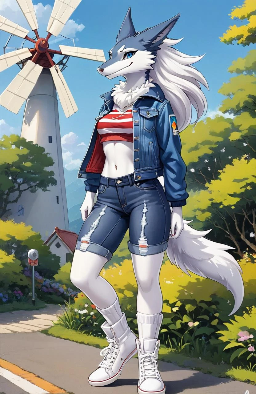 Stylized Anime artwork, 300mm+ focal length, furry, female, Sergal, girl, windmill, denim jacket, striped shirt, and white sneakers, boots, detailed digital acrylic painting, color graded, studio ghibli, highly detailed