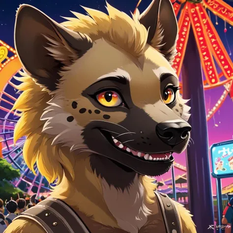 Stylized Anime artwork, furry, Hyena, amusement park, detailed face, detailed digital acrylic painting, color graded, studio ghibli, highly detailed