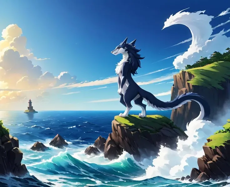 Stylized Anime artwork, SZ_4poXL enviroment, a Sergal, Guiding beacon, panoramic ocean view, friendly keepers, waves crashing on the rocks., digital painting, color graded,  studio ghibli, anime studio, highly detailed
<lora:PostApocalypticXL_v1:1.0>