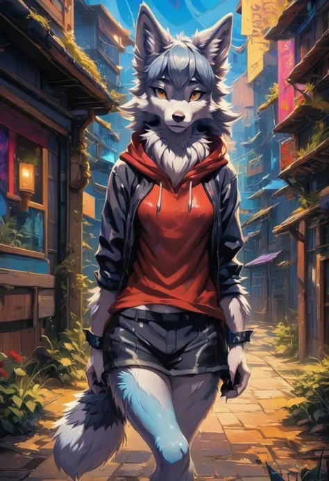 Stylized anime artwork, a young female wolf furry, skinny, digital painting, pallet knife, photoshop acrylic painting, anime studio, color graded, subsurface scattering, HDR, cinematic lighting, masterpiece, best quality, detailed, absurd res