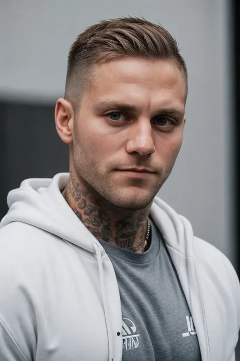 (kontrak_ti-4500:0.98),eye contact of a man,wearing grey hoodie,realistic photograph, detailed face, shot on arri alexa 65,side cut hair,subtle smile, (designer stubble beard:1.1),