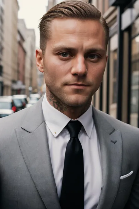 (kontrak_ti-4500:0.98),eye contact of a man,wearing a suit and tie, james bond,walking on a street,realistic photograph, detailed face,tattoos on neck, shot on arri alexa 65,side cut hair,subtle smile, (designer stubble beard:1.1),