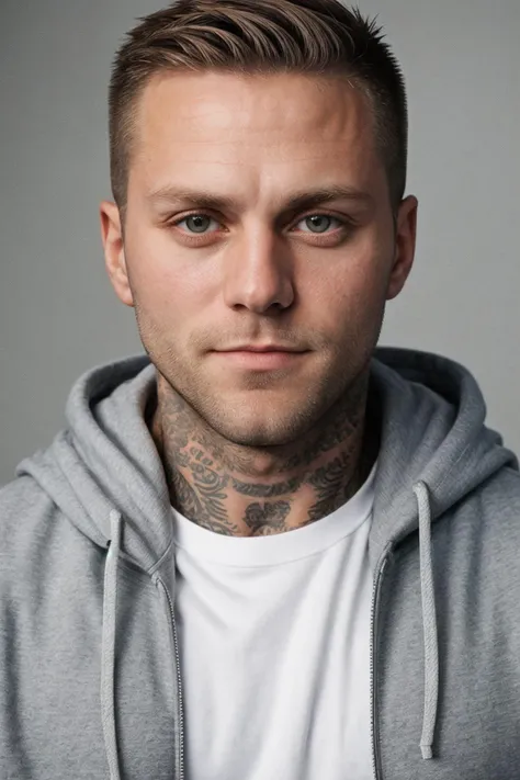 (kontrak_ti-4500:0.98),eye contact of a man,wearing grey hoodie,realistic photograph, detailed face, shot on arri alexa 65,side cut hair,subtle smile, (designer stubble beard:1.1),