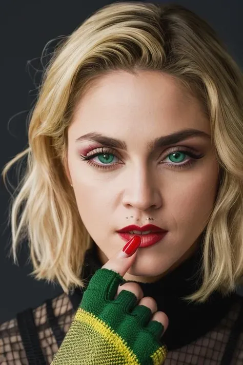 <lora:m4d0nn4:0.9>, a Realistic photo of m4d0nn4 woman, looking at viewer, blonde hair, simple background, gloves, white background, green eyes, fingerless gloves, nail polish, lips, makeup, lipstick, portrait, red nails, close-up, realistic, red lips, soft lighting, professional Photography, Photorealistic, detailed eyes, RAW, analog, sharp focus, 8k, HD, DSLR, high quality, Fujifilm XT3, film grain, award winning, masterpiece