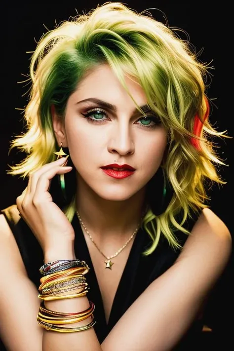 <lora:m4d0nn4:0.9>, a Realistic photo of m4d0nn4 woman, looking at viewer, short hair, blonde hair, simple background, jewelry, green eyes, upper body, red hair, multicolored hair, earrings, parted lips, star (symbol), bracelet, lips, hands up, gradient hair, makeup, lipstick, black background, realistic, red lips, star earrings, soft lighting, professional Photography, Photorealistic, detailed eyes, RAW, analog, sharp focus, 8k, HD, DSLR, high quality, Fujifilm XT3, film grain, award winning, masterpiece