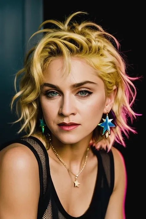 <lora:m4d0nn4:0.9>, a Realistic photo of m4d0nn4 woman, looking at viewer, short hair, blonde hair, jewelry, upper body, red hair, multicolored hair, earrings, sleeveless, star (symbol), nail polish, bracelet, lips, makeup, tank top, realistic, yellow nails, fishnet top, soft lighting, professional Photography, Photorealistic, detailed eyes, RAW, analog, sharp focus, 8k, HD, DSLR, high quality, Fujifilm XT3, film grain, award winning, masterpiece