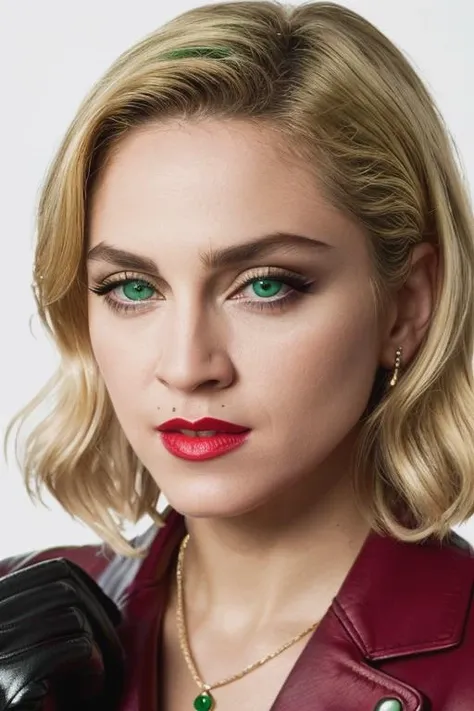 <lora:m4d0nn4:0.9>, a Realistic photo of m4d0nn4 woman, looking at viewer, blonde hair, simple background, gloves, white background, green eyes, fingerless gloves, nail polish, lips, makeup, lipstick, portrait, red nails, close-up, realistic, red lips, soft lighting, professional Photography, Photorealistic, detailed eyes, RAW, analog, sharp focus, 8k, HD, DSLR, high quality, Fujifilm XT3, film grain, award winning, masterpiece