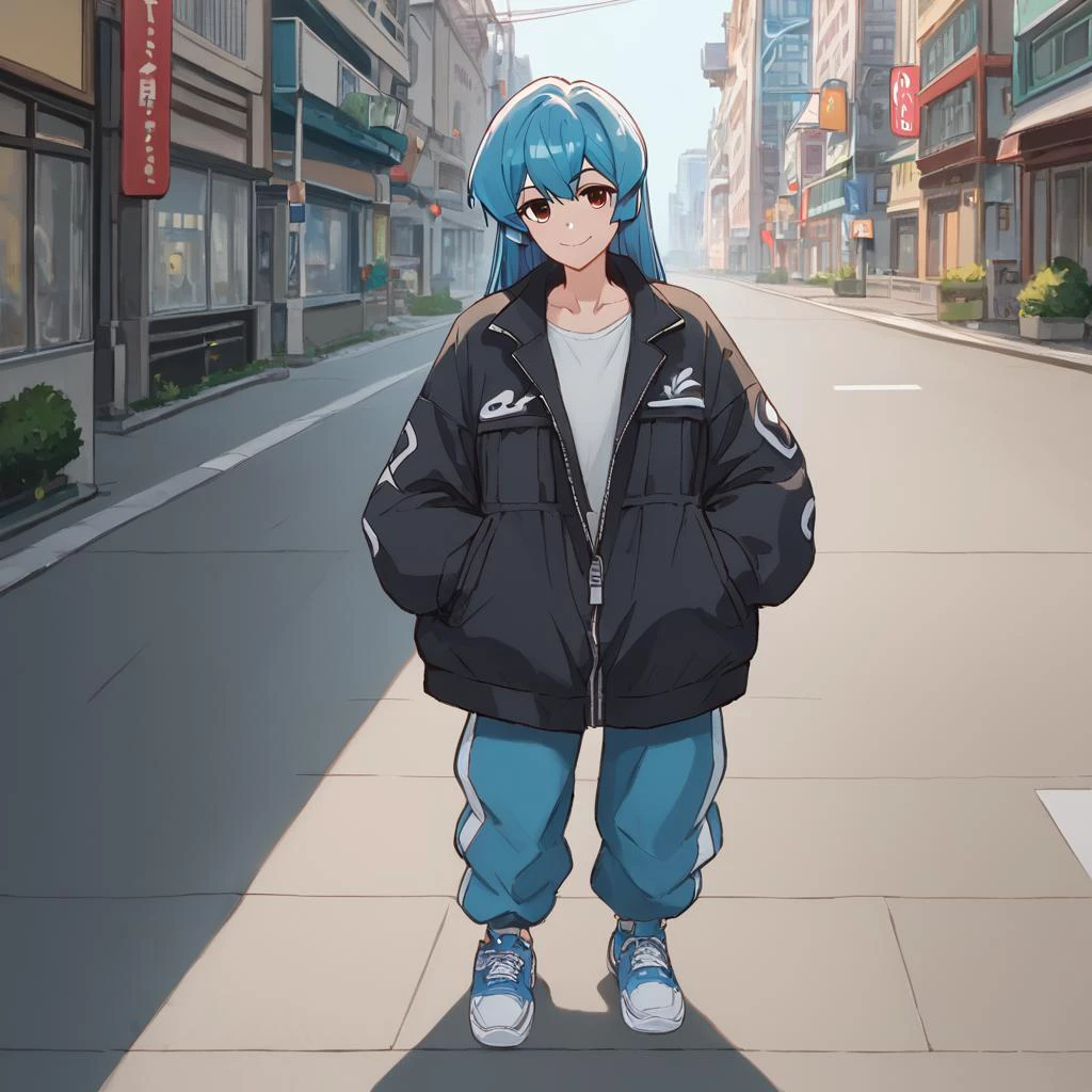 <lora:brj-sayo-ponyXL-v1:0.7>, score_9, score_8_up, cinematic lighting, Minakami Sayo, standing, (long blue hair:1.3), huge oversized sneakers, hands in jacket pocket, <lora:attire_dripjacket_xl-000004:1>, oversized puffy black dripjacket zipped up, on sidewalk, japanese city background, smile, closed mouth, solo, <lora:Ciloranko:1>, from front, looking at viewer
