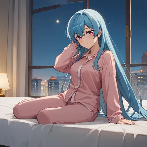 <lora:brj-sayo-ponyXL-v1:0.7>, <lora:Ciloranko:1>, Minakami Sayo, source_anime, score_9, score_8_up, masterpiece, best quality, cinematic lighting, bright highlights, full body, very long blue hair, magenta eyes, light blue skin-tight pajamas, in bed, in fancy high rise apartment with large glass window showing a city with skyscrapers at night, looking at viewer, smile, closed mouth, bedroom eyes, head tilted down, blush, adjusting hair, medium breasts