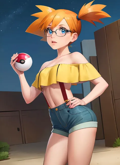 ​masterpiece, top-quality, Hi-Res, 1girl, Misty (A pokémon), orange color hair, 独奏, side poneyTail, orange color hair, Midriff,, a navel, shorth hair, denim, a smile, cowboy  shot, is standing, peace_sign, plein air, Underwear、White underwear、White bra、white panty、Underwear with a small area、in one's underwear only、Nipples are coming out、teats、teats、teats、