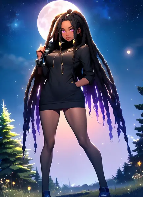 ((best quality)), ((highly detailed)), , (1girl), full body, ((dark skin, dark-skinned female, ebony)):1.2, black hair, <lora:normaldreadlocks:1>, dreadlocks, very long hair, purple eyes, (outside, in a pine_tree forest, night, night sky, stars, full moon, shooting star, telescope, clear weather), <lora:Real g:.9>