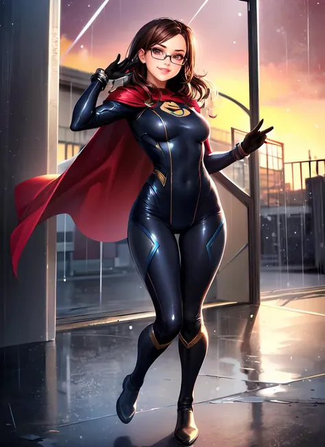 ((best quality)), ((highly detailed)), masterpiece, extremely detailed face, beautiful face, , <lora:more_details:.2>, (1girl), (glasses), dynamic pose, full body, superhero, spandex bodysuit, skin tight clothes, long cape, gloves, knee boots, (flying), smile, (outside, <lora:school_outdoors_v0.2:1>, at a school, building, gate, fence, sunset, raining), <lora:Real g:.9>