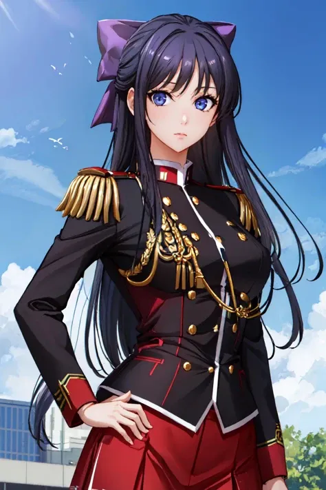 (masterpiece, best quality:1.2), solo, 1girl, akanedef, expressionless, looking at viewer, hand on hip, hair bow, aiguillette, school uniform, epaulettes <lora:akane-wr-richy-v1:1>