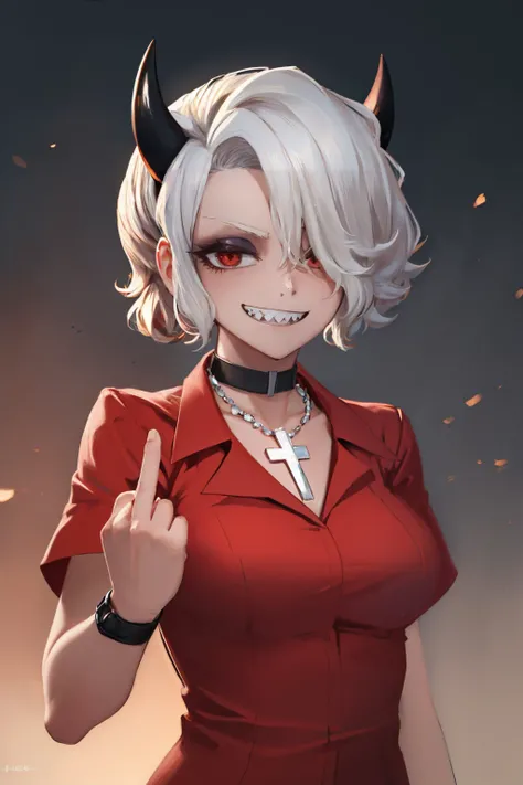 (masterpiece, best quality:1.2), upper body, solo, 1girl, htzdrada, sharp teeth, evil grin, looking at viewer, middle finger, hair over one eye, red shirt, choker, cross necklace <lora:helltaker_zdrada:1.0> <lora:SingleMiddle:0.8>