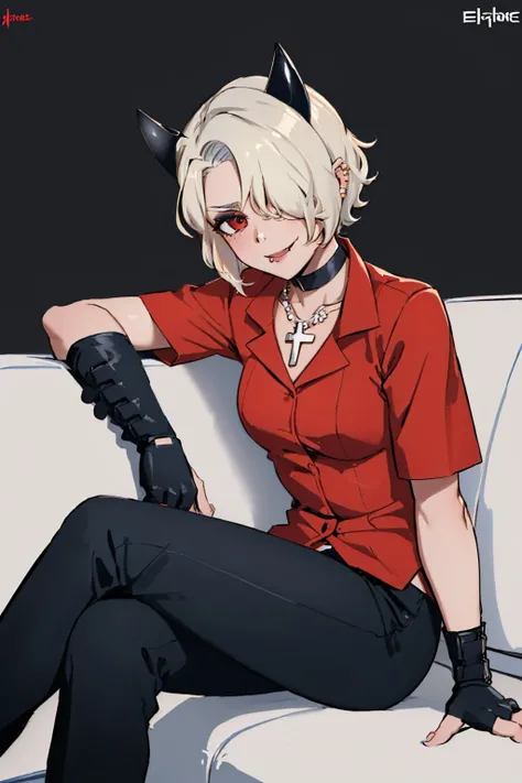 (masterpiece, best quality:1.2), solo, 1girl, htzdrada, smile, looking at viewer, smoking, cigarette, hair over one eye, v-shaped eyebrows, red shirt, gloves, black pants, piercing, choker, cross necklace <lora:helltaker_zdrada:1.0>