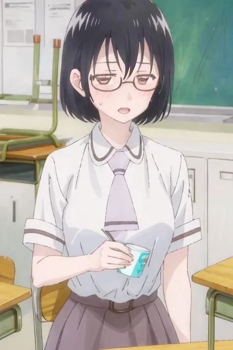 best quality, masterpiece, highres, solo, {kasumi_nomura_asobiasobase:1.15}, black_hair, glasses, short_hair, necktie, brown_eyes, 1girl, open_mouth, school_uniform, sweatdrop, shirt, upper_body