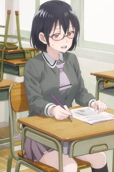 best quality, masterpiece, highres, solo, {kasumi_nomura_asobiasobase:1.15}, black_hair, glasses, short_hair, necktie, brown_eyes, 1girl, chair, classroom, desk, school_desk, school_uniform, clenched_teeth, skirt, sweatdrop, teeth, indoors, sitting