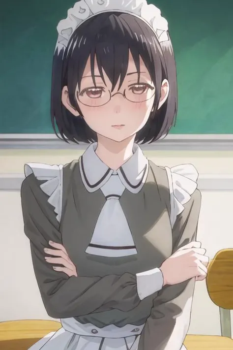 best quality, masterpiece, highres, solo, {maid:1.40}, {long maid dress:1.15}, {kasumi_nomura_asobiasobase:1.15}, black_hair, glasses, short_hair, necktie, brown_eyes