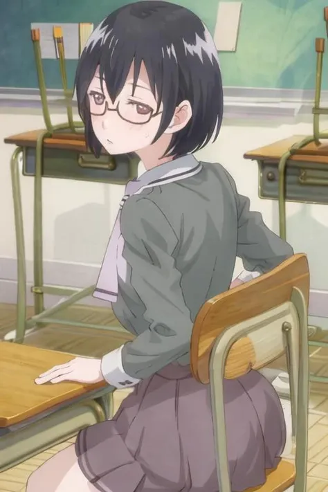 best quality, masterpiece, highres, solo, {kasumi_nomura_asobiasobase:1.15}, black_hair, glasses, short_hair, necktie, brown_eyes, 1girl, classroom, desk, indoors, school_desk, school_uniform, from_behind, chair