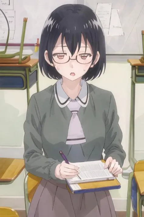 best quality, masterpiece, highres, solo, {kasumi_nomura_asobiasobase:1.15}, black_hair, glasses, short_hair, necktie, brown_eyes, 1girl, classroom, indoors, school_uniform, shirt, sweatdrop, desk, chalkboard, open_mouth