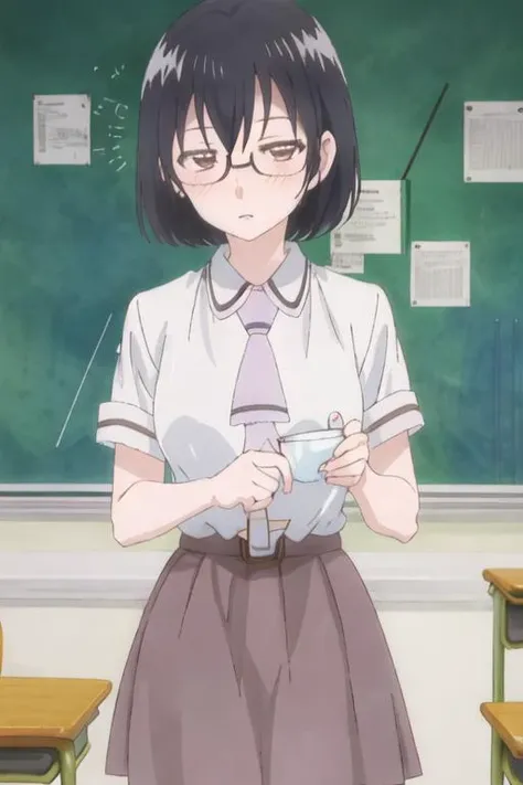 best quality, masterpiece, highres, solo, {kasumi_nomura_asobiasobase:1.15}, black_hair, glasses, short_hair, necktie, brown_eyes, 1girl, brown_skirt, from_behind, school_uniform, shirt, short_sleeves, skirt, white_shirt, indoors, pleated_skirt