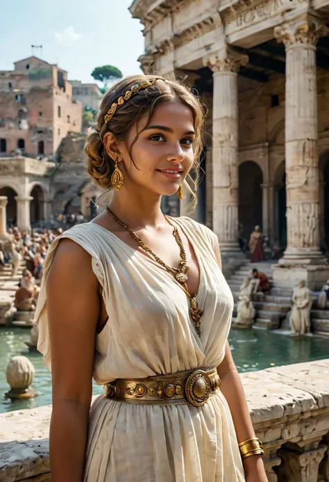 (medium full shot) of (elegant young woman from the ancient roman era), indian, tan skin, light brown eyes, full-figured build, short blonde low bun hair, wearing a yellow belted stola , high-laced sandals, signet ring, bronze brooch, set in ancient rome, a majestic forum, adorned with grand architecture, marble statues, bustling market stalls, and ornate fountains, woman smiling, ,Masterpiece,best quality, photo, realistic, very aesthetic, detailed face,