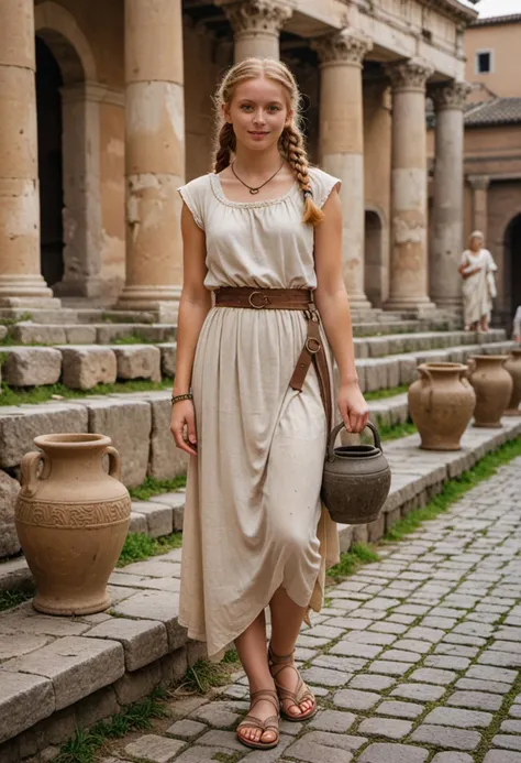 masterpiece, reality, 4k, (medium full shot) of (striking young woman from the ancient roman era), german, light skin, light brown eyes, normal build, extra long ginger pigtails hair, wearing a yellow belted stola , closed-toe sandals, anklet, carrying a clay amphora,  set in ancient rome,  a historic forum, surrounded by ancient ruins, with statues of emperors, market stalls, and stone benches for weary travelers, during sunset, woman smiling