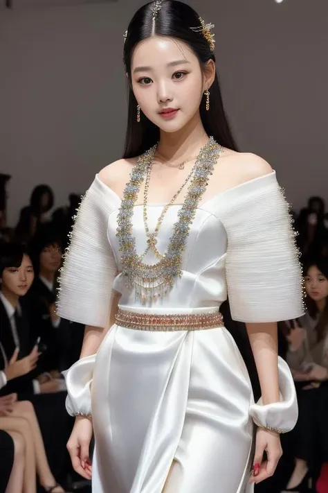 photo of JangWonYoung a woman as a movie star, modelshoot style, (extremely detailed CG unity 8k wallpaper), Intricate, High Detail, Sharp focus, smiling, photorealistic painting art by midjourney and greg rutkowski , (waist chain), ((fashion show)), ((walking down the runway)), ((paparazzi in the background)), (looking at viewer), (detailed pupils:1.2), (elegant korean dress:1.3) brightly lit<lora:JangWonYoung:1.0>