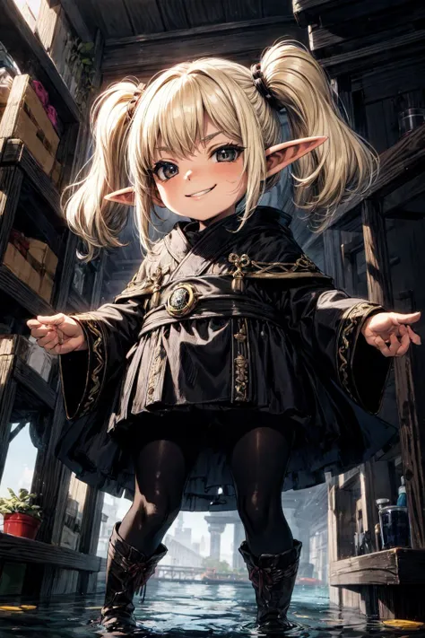 (best quality), (masterpiece),ultra-detailed,ultra high res,full body,from below,fish eye,
<lora:TRTR2:0.75> ,1girl, elf,black nose,(chibi:1.1),(smirk:1.3),(plump:1.1),wand,evil,
blonde hair,short twintails,black robe,golden embroidery,black boots,black pants,
huge tree,(pier:1.1),outdoor,lake,
<lora:flat2:-0.7> ,
<lora:LowRa:0.5> ,dark theme,