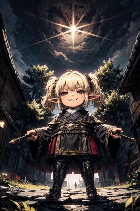 (best quality), (masterpiece),ultra-detailed,ultra high res,full body,from below,fish eye,
<lora:TRTR2:0.75> ,1girl, elf,black nose,(chibi:1.1),(smirk:1.3),(plump:1.1),wand,evil,
blonde hair,short twintails,black robe,golden embroidery,black boots,
huge tree,pier,outdoor,sky,
<lora:flat2:-0.7> ,
<lora:LowRa:0.5> ,dark theme,