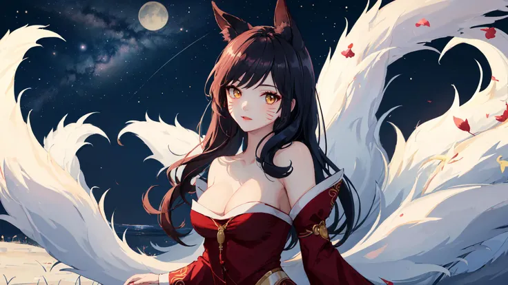(night), masterpiece, best quality, highres, detailed, ah1, facial mark, multiple tails, fox tails, korean clothes, cleavage, bare shoulders, detached sleeves, <lora:ahri_v10:0.7>, outdoors, star \(sky\), night, sexy, looking at viewer,