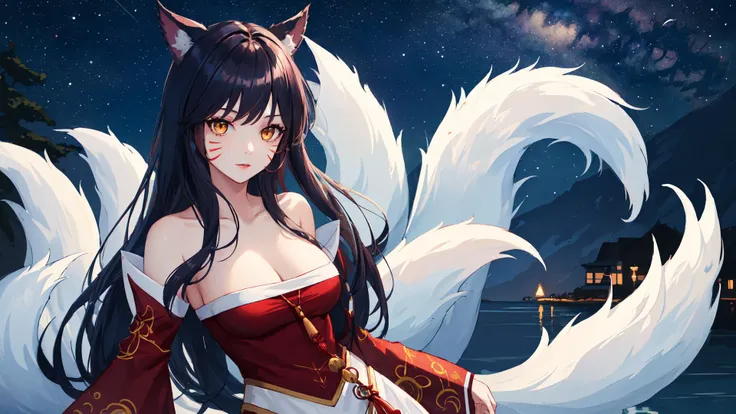 (night), masterpiece, best quality, highres, detailed, ah1, facial mark, multiple tails, fox tails, korean clothes, cleavage, bare shoulders, detached sleeves, <lora:ahri_v10:0.7>, outdoors, star \(sky\), night, sexy, looking at viewer,