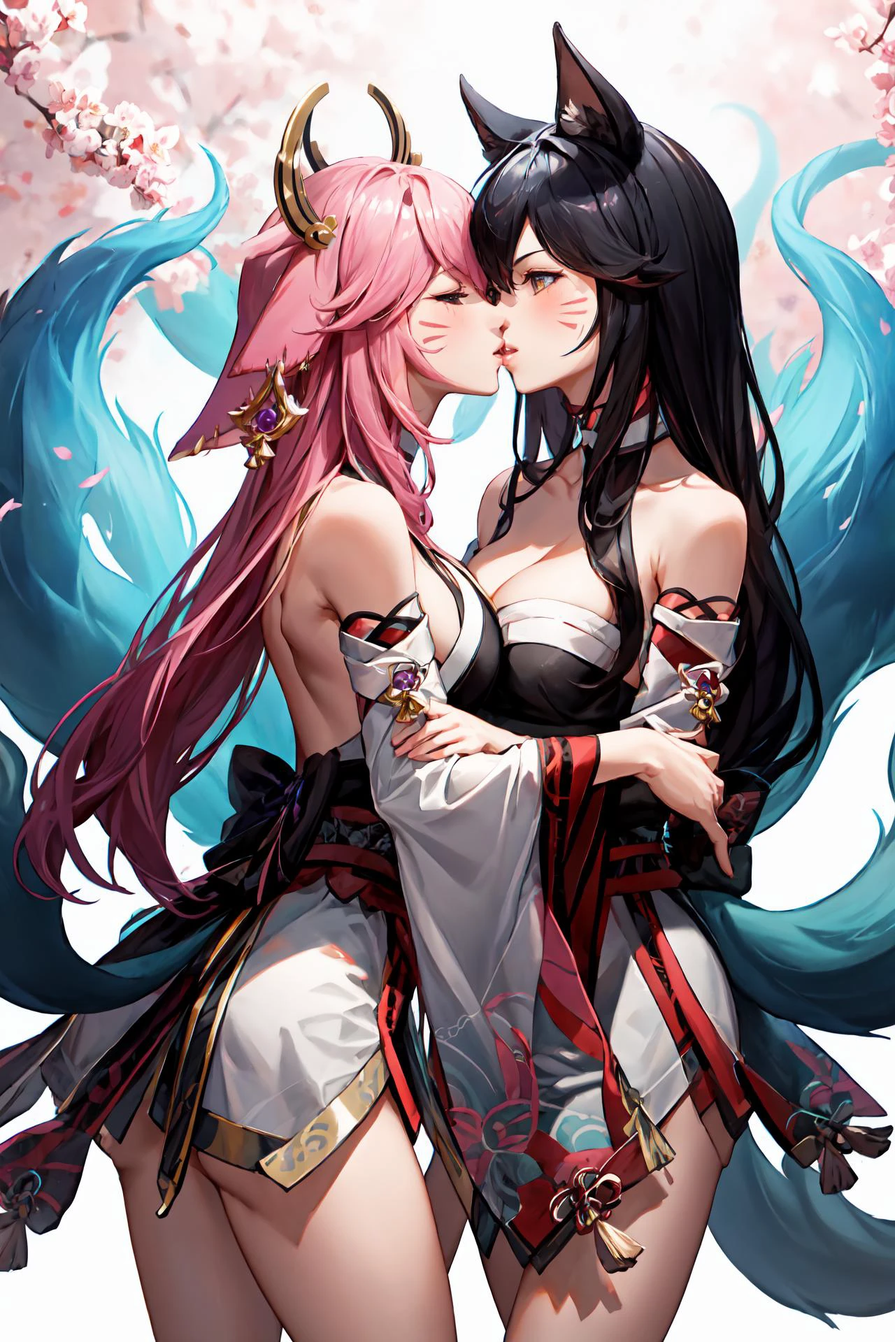 (masterpiece, best quality), 2girls, <lora:npmathilda:1>, kiss, <lora:more_details:0.25>
BREAK
Yae Miko, yaemikodef, <lora:yaemiko1:1> , pink hair, human
BREAK
ah1, black hair, facial mark, multiple tails, fox tails, korean clothes, cleavage, bare shoulders, detached sleeves, <lora:ahri_v10:0.7>