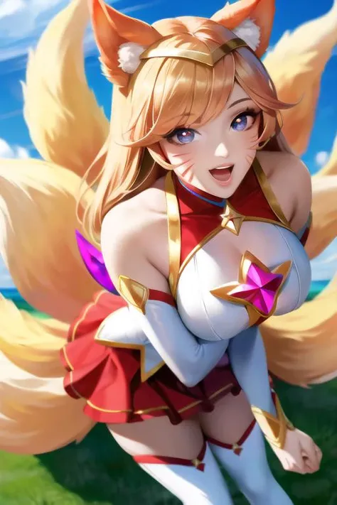 Ahri \(K/DA\), <lora:kda_pony_v1-1:0.8>, [multiple tails::0.5], 1girl, shy smile, outside, solo, cowboy shot, score_9, score_8_up, score_7_up, source_anime