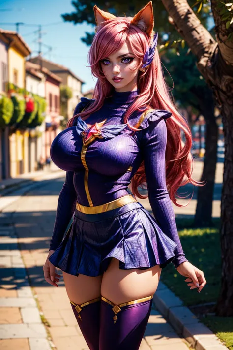 (ultra realistic,32k, masterpiece:1.2),(high detailed skin:1.1),( high quality:1.1),
<lora:ahri_v10:0.6>(angry, v-shaped eyebrows:1.1),(eyeliner,long lashes, mascara:1.1),ah3,pink hair, purple eyes, facial mark, multiple tails, fox tail, magical girl, turtleneck top,ruffle skirt,long sleeves, thigh highs, mediterranean town park,sunshine, trees,blurry background,,(looking at viewer, standing,:1.1),, (huge breast,large breast:1.1),<lora:add_detail:0.87>,full body,
(soft shaded:1.1),