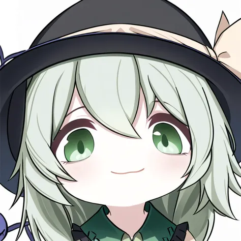 <lora:komeiji_koishi_touhou:0.95> masterpiece, best quality, chibi, light smile, close-up, white background, <lora:Blue Archive Chibi Style:0.82>,komeiji_koishi_touhou, hat, green_eyes, black_headwear, short_hair, green_hair, ribbon, smile, bow, heart, bangs, hat_ribbon, hat_bow, hair_between_eyes