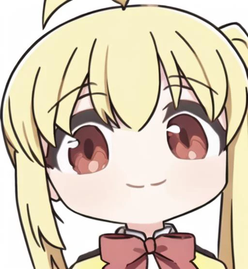 white background,light smile,no out of frame,(((full head))),<lora:Blue Archive cute Chibi Style:0.7>,masterpiece,best quality,1girl,kiara,chibi style,masterpiece,ijichi nijika,yellow hair,ahoge,side ponytail,red eyes,red bowtie,smile,<lora:bocchi_style_offset:1.5>,bocchi style,