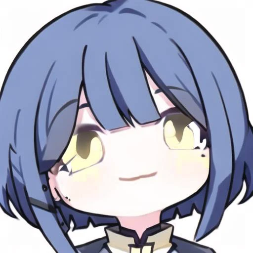 white background,light smile,<lora:ryouyamadatest:0.9>,ryou yamada,blue hair,eyes visible through hair,mole,mole under eye,short hair,(yellow eyes:1),hairclips,no out of frame,(((full head))),<lora:Blue Archive cute Chibi Style:0.9>,masterpiece,best quality,1girl,kiara,chibi style,