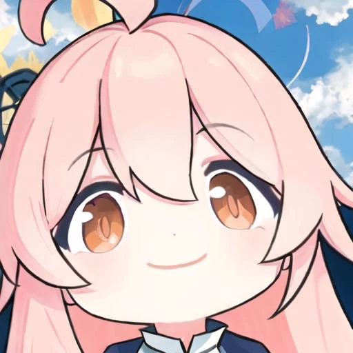 chibiï¼masterpiece, best quality, highly detailedï¼mahiroï¼ahogeï¼smileï¼wï¼big eyesï¼orange eyes