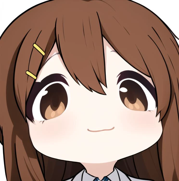 1girl, chibi, chibi style,1girl, solo,Brown hair, brown eyes,Hirasawa Yui,hairclip,White background ,school uniform