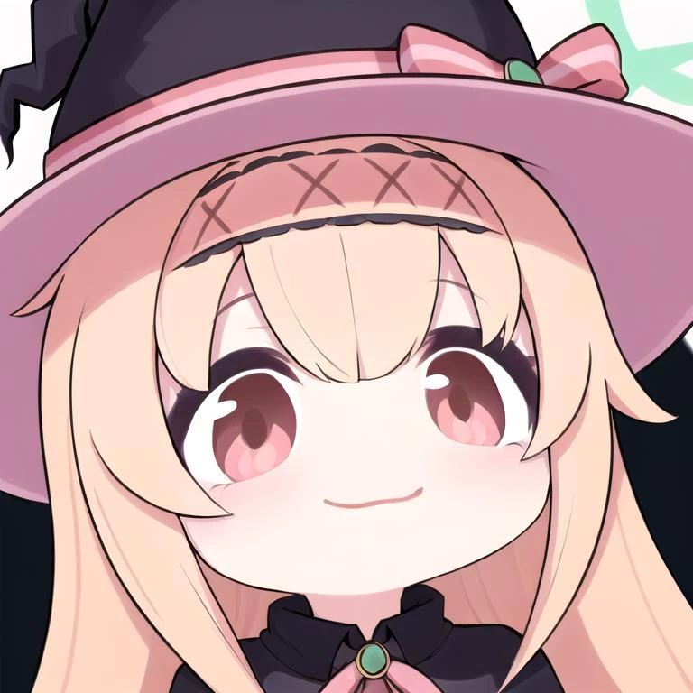 1girl, <lora:Blue Archive Chibi Style:0.7>, chibi, chibi style, <lora:NobetaV2:1>, nobeta, witch hat, smile,